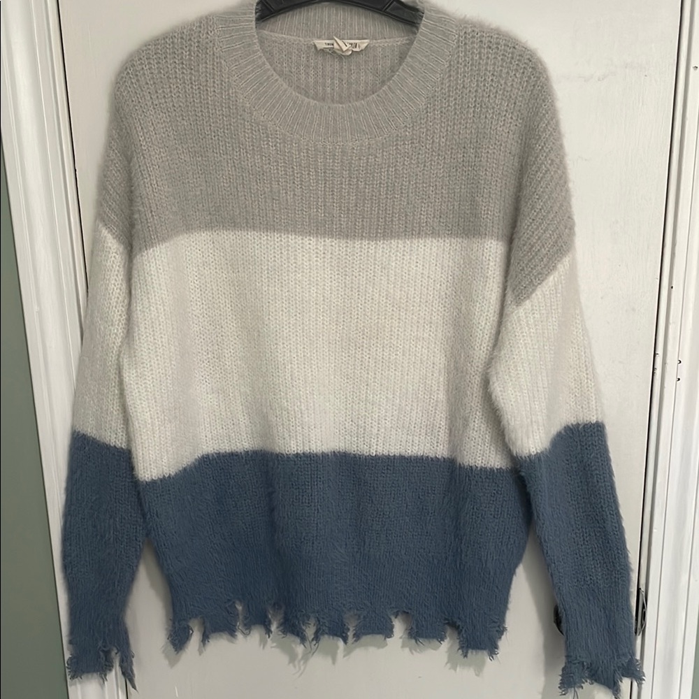 Grey, stone blue and cream colored block sweater. Boutique brand.